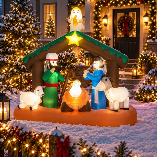 Crèche de Noël gonflable lumineuse décorant un jardin extérieur