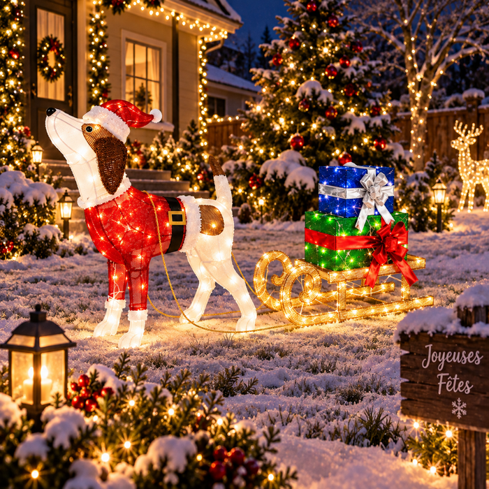 Cette décoration de Noël lumineuse représente un chien vêtu d’un costume rouge de Père Noël tirant un traîneau doré rempli de cadeaux.