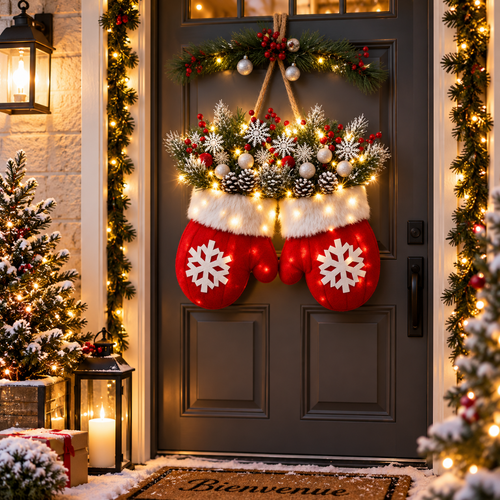 Décoration Noël porte gants rouges lumineux extérieur
