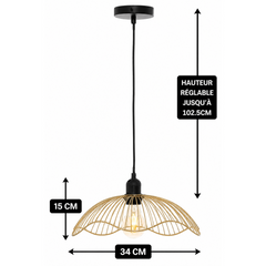 Suspension en métal noir et or avec dimensions 34 cm de large, hauteur réglable jusqu'à 102,5 cm, éclairage d'ambiance moderne