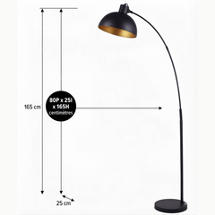 Lampadaire noir mat vintage avec bras articulé et intérieur doré, dimensions 165 cm sur fond blanc