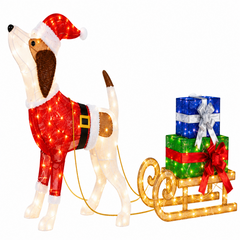 L’ensemble composé du chien et du traîneau illuminés forme une scène de Noël originale avec des cadeaux lumineux.
