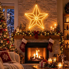 Étoile lumineuse de Noël sublimant une façade décorée de guirlandes
