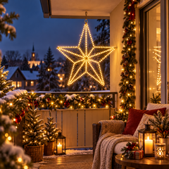 Étoile de Noël lumineuse installée sur un balcon décoré pour les fêtes