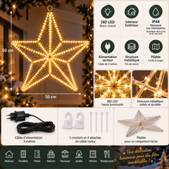 Étoile lumineuse de Noël avec 282 LED blanc chaud et structure métallique