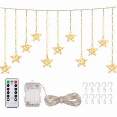 Guirlande étoiles 120 LED présentée avec télécommande et boîtier à piles