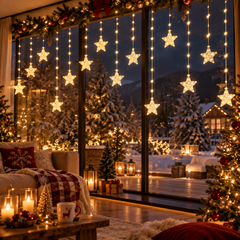 Guirlande étoiles blanc chaud décorant une grande baie vitrée
