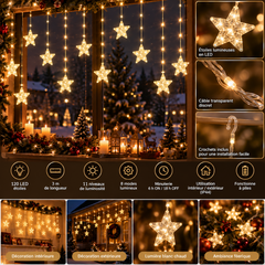 Guirlande LED étoiles présentée avec ses accessoires et caractéristiques