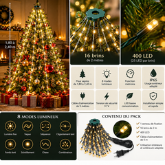 Guirlande LED en brins verticaux installée autour du sapin