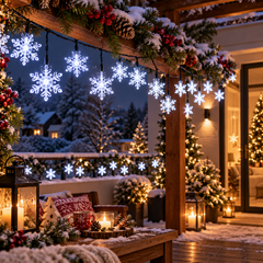 Guirlande lumineuse solaire composée de flocons LED décorant une façade de maison pour Noël