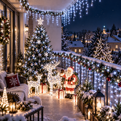 écoration de Noël lumineuse sur un balcon avec guirlandes blanc froid, sapin illuminé, renne lumineux, Père Noël et décorations festives.