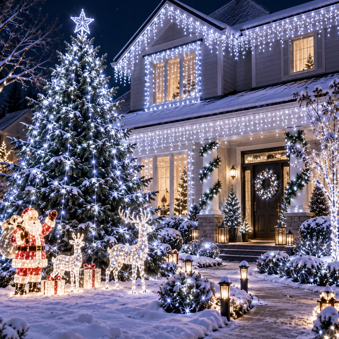 Guirlandes lumineuses de Noël blanc froid décorant la façade d'une maison, le toit, les fenêtres et le jardin enneigé.