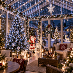 Véranda décorée pour Noël avec guirlandes lumineuses blanc froid, grand sapin illuminé, Père Noël, rennes et décorations de fête.