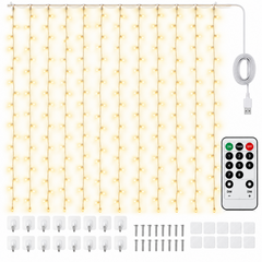 Guirlande rideau 300 LED blanc chaud présentée sur fond blanc avec télécommande et accessoires de fixation