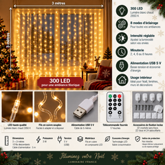 Guirlande rideau LED de Noël avec télécommande et éclairage blanc chaud pour personnaliser l'ambiance
