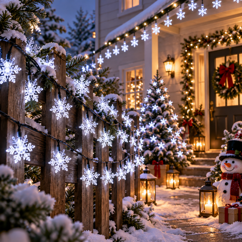 Guirlande Lumineuse Solaire Noël 12 m – 100 LED Flocons de Neige Blanc Froid