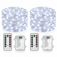 Lot de deux guirlandes lumineuses de Noël de 10 mètres avec 100 LED blanc froid, télécommandes et boîtiers de contrôle présentés sur fond blanc.