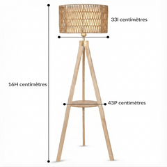 Lampadaire Bohème hauteur 160 cm rotin naturel étagère bois clair finition mate pieds triangulaires