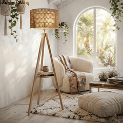 Lampadaire Bohème rotin tressé lumière chaude intérieur blanc plantes macramé tapis shaggy style bohème