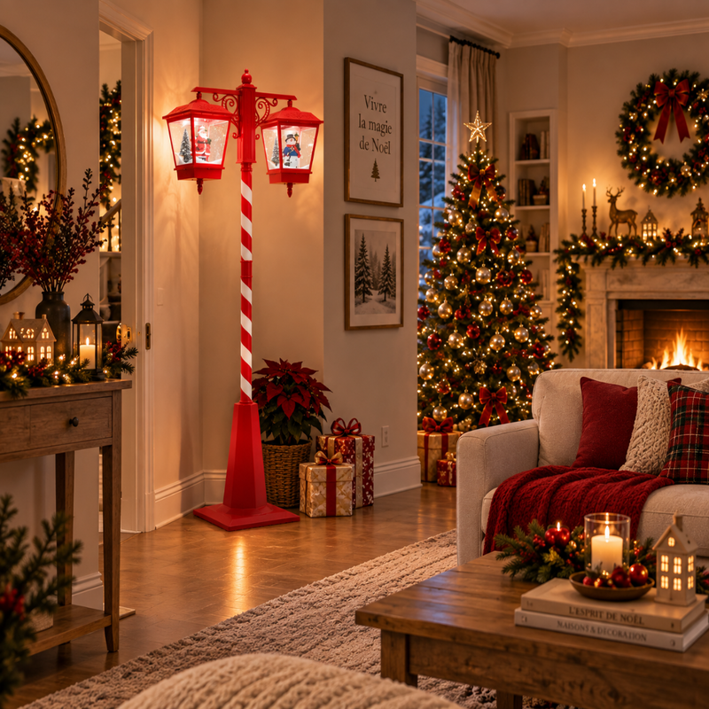 Ce lampadaire rouge et blanc illumine une décoration intérieure de Noël.
