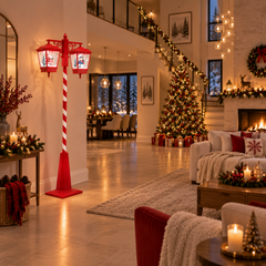 Ce lampadaire de Noël apporte une ambiance festive dans une entrée chaleureuse.