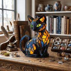 Lampe chat Tiffany en vitrail multicolore avec base en résine, veilleuse décorative élégante