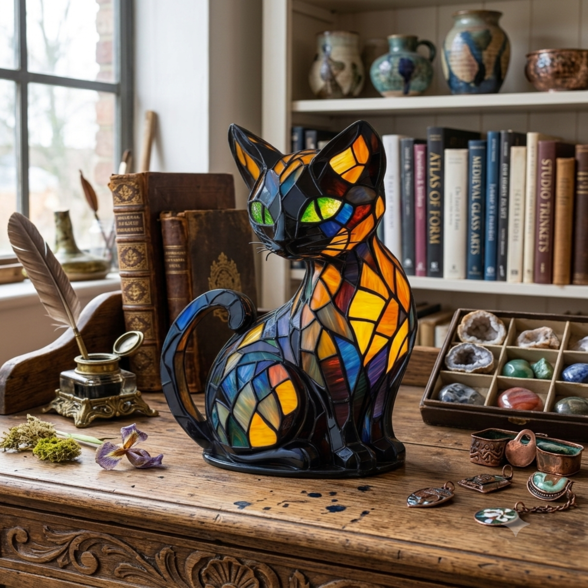 Lampe chat Tiffany en vitrail multicolore avec base en résine, veilleuse décorative élégante