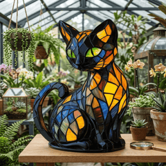 Lampe de chevet chat style Tiffany avec abat-jour en vitrail multicolore et base en résine