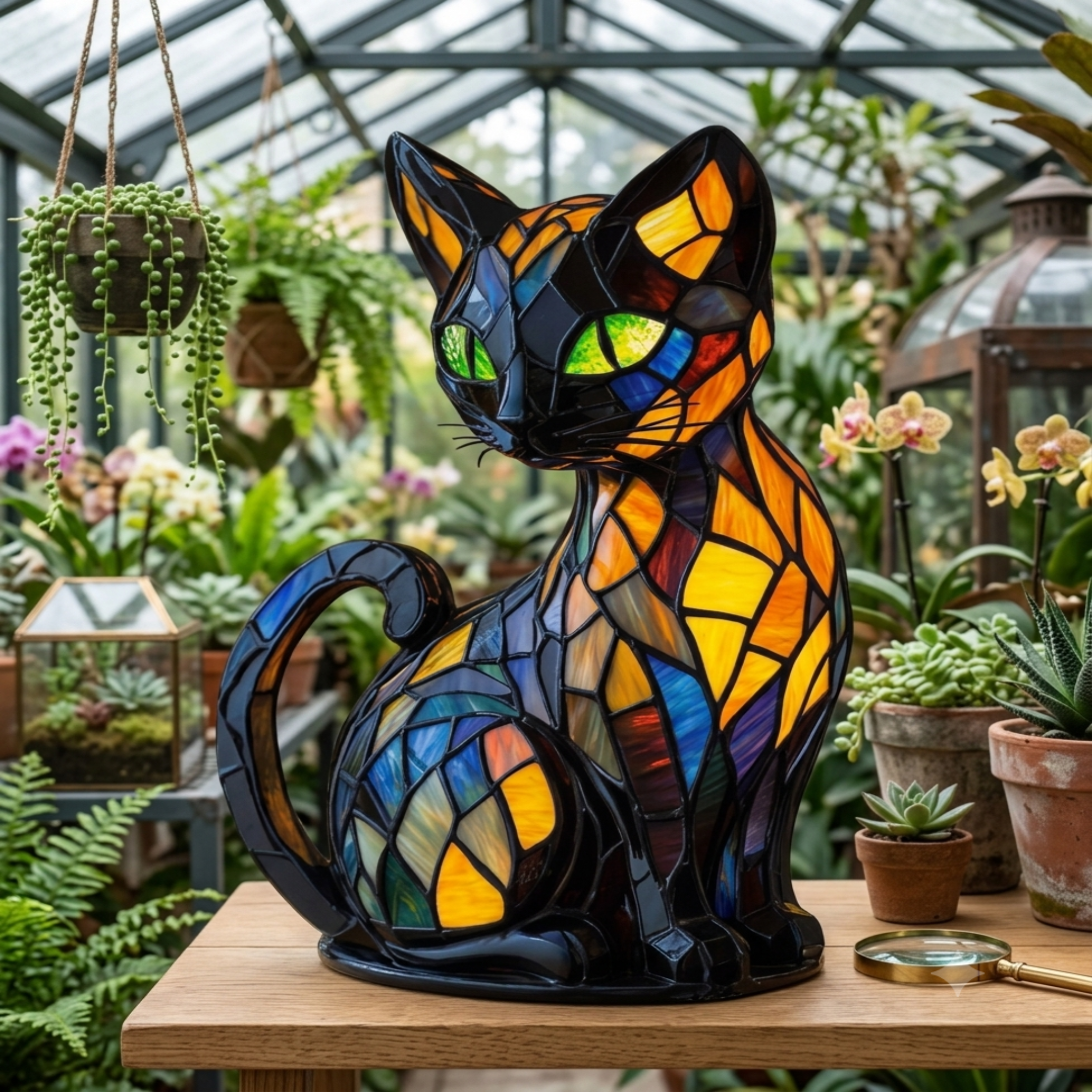 Lampe de chevet chat style Tiffany avec abat-jour en vitrail multicolore et base en résine