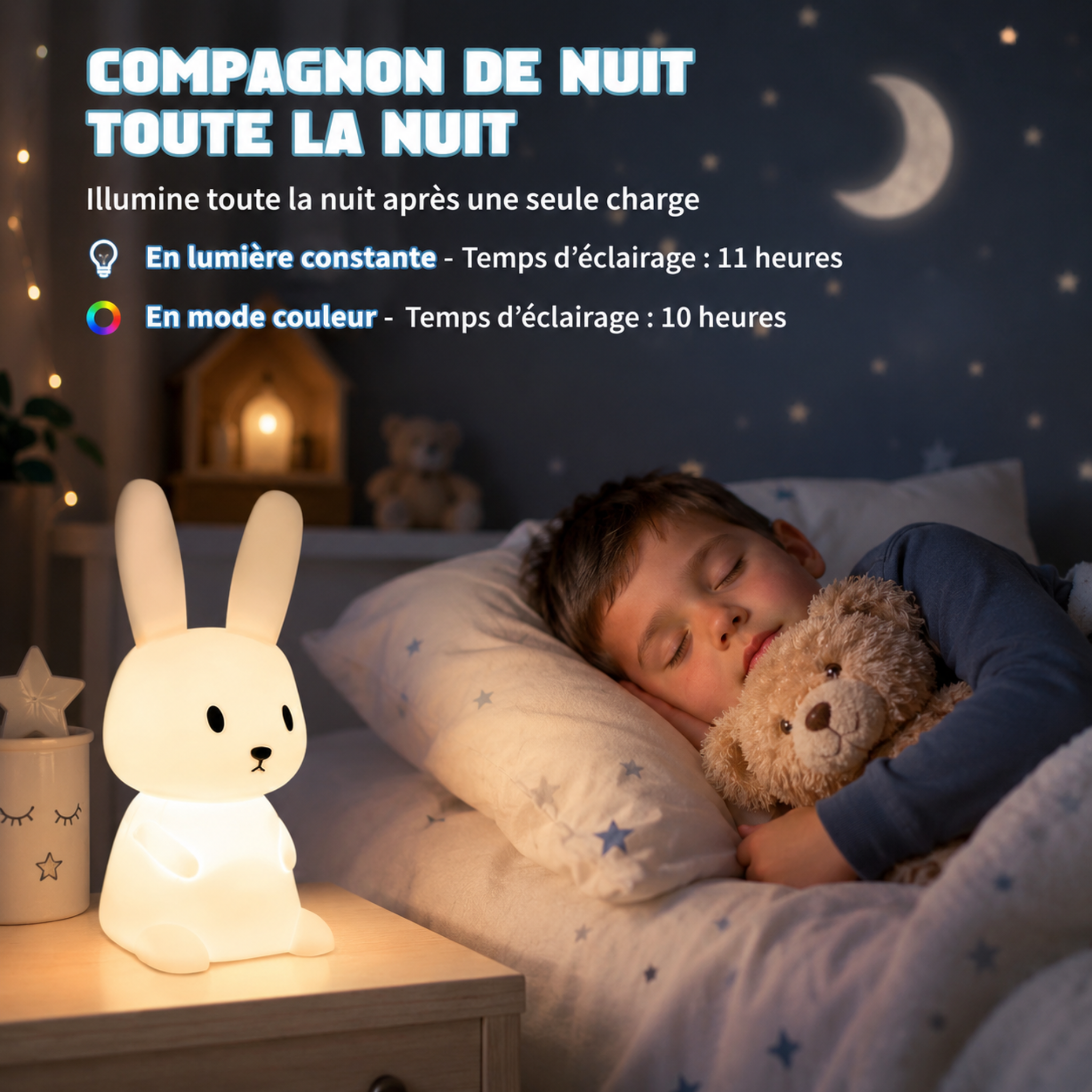 Veilleuse bébé lapin LED blanche en silicone tactile pour chambre d'enfant