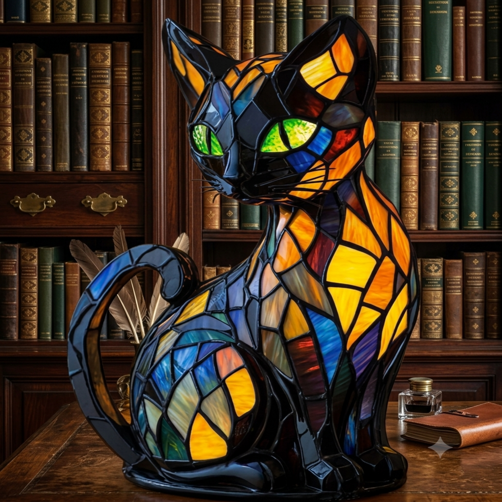 Lampe de chevet chat Tiffany en vitrail multicolore éclairant doucement