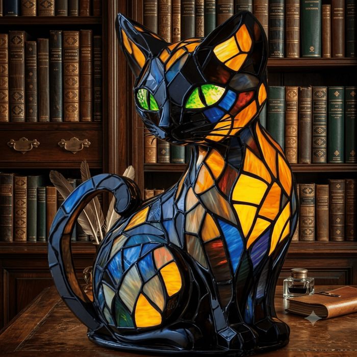 Lampe de chevet chat Tiffany en vitrail multicolore éclairant doucement