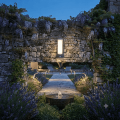 Applique murale LED extérieure sombre lumière chaude diffuse arc végétal wisteria et lavande au crépuscule