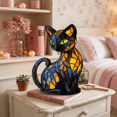 Lampe de chevet chat style Tiffany multicolore en vitrail, base en résine avec interrupteur marche/arrêt