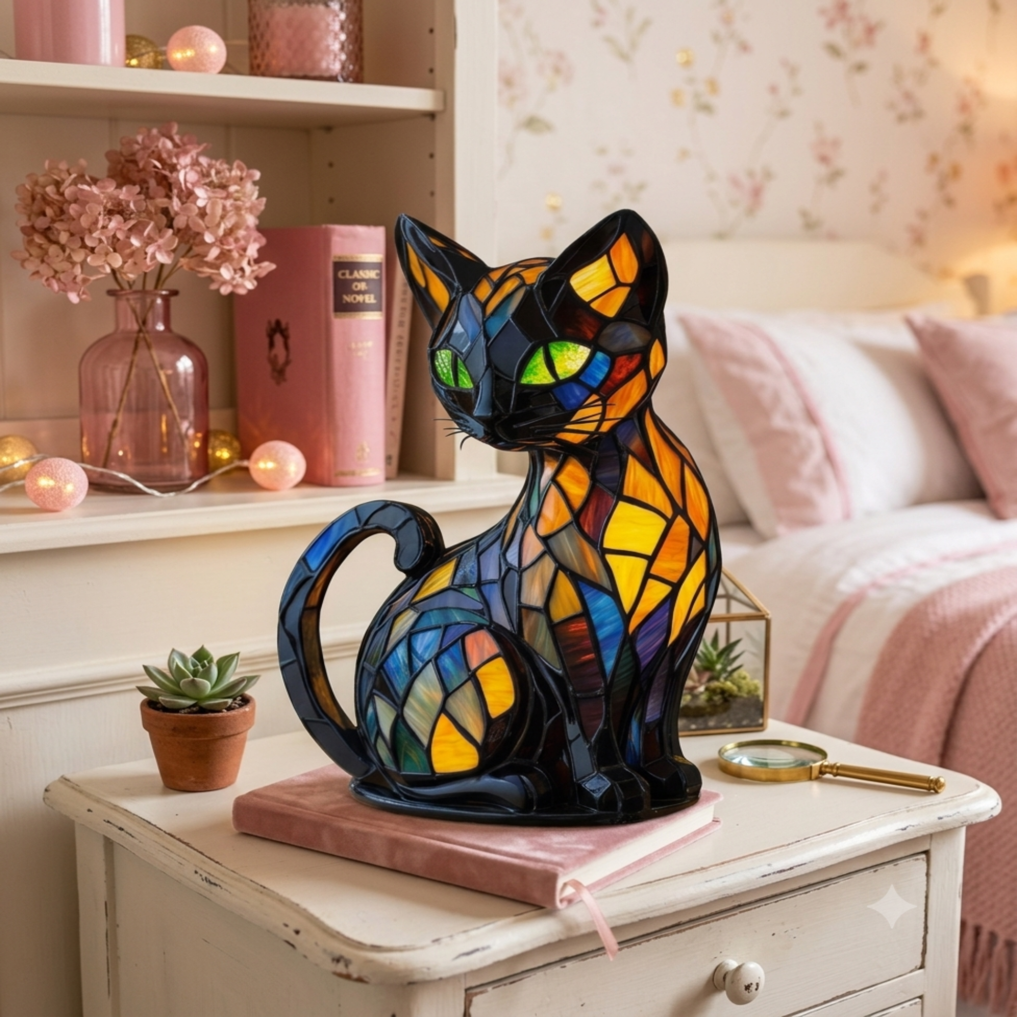 Lampe de chevet chat style Tiffany multicolore en vitrail, base en résine avec interrupteur marche/arrêt
