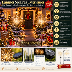 Infographie présentant les 200 LED, les 8 modes lumineux, la protection IP65 et les tiges réglables.