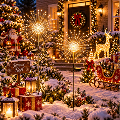 Deux lampes solaires LED illuminent un jardin décoré pour Noël avec une lumière chaleureuse.