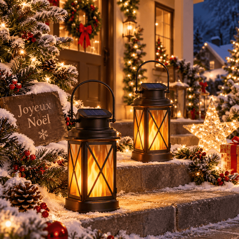 Lot de 2 lanternes solaires Noël noires effet flamme LED décorant une entrée enneigée