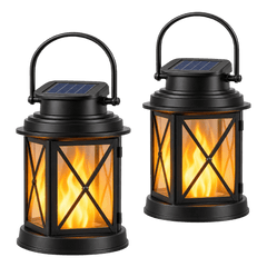 Lanterne solaire extérieure noire avec panneau solaire et structure métallique en X