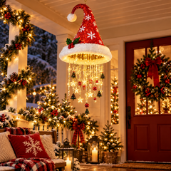 Lustre lumineux en forme de chapeau de Père Noël rouge avec guirlande LED blanc chaud