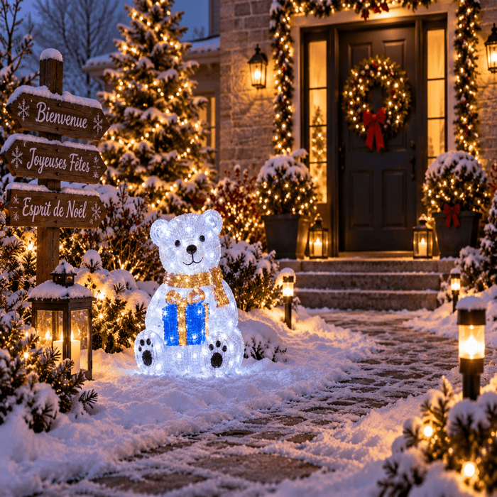 Ours lumineux Noël enneigé décoration extérieure LED