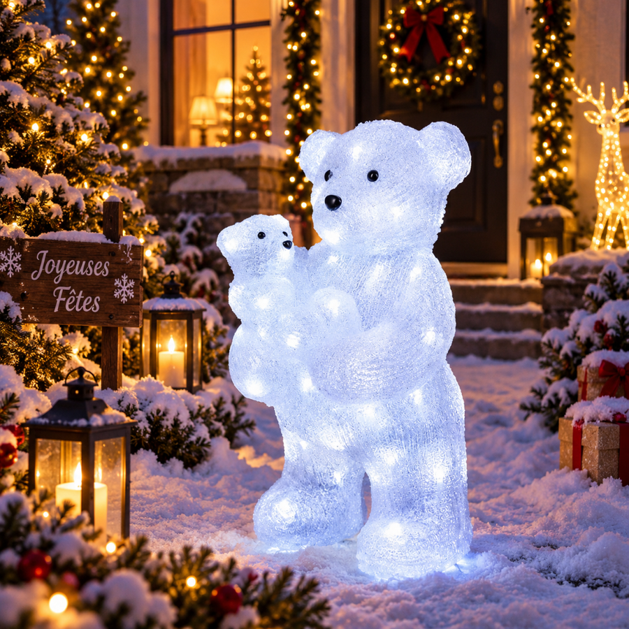 Ours lumineux accompagné de son ourson pour une décoration de Noël intérieure ou extérieure