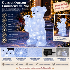 Décoration lumineuse représentant un ours polaire tenant son ourson avec éclairage LED blanc froid