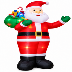 Père Noël gonflable géant présenté seul sur fond blanc, avec son costume rouge, son sac vert et ses éclairages LED multicolores.