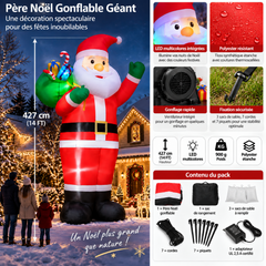 Père Noël gonflable géant présenté avec ses LED multicolores, son tissu en polyester et ses accessoires de fixation.