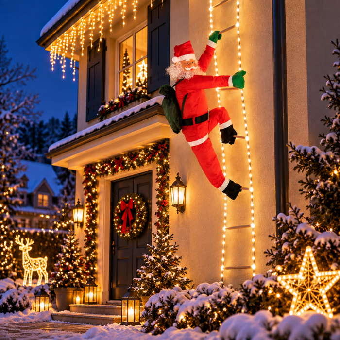 Père Noël lumineux en tenue rouge grimpant sur une échelle décorée de LED blanc chaud devant une façade de maison illuminée pour Noël.