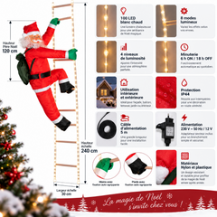 Père Noël grimpeur lumineux présenté sur fond blanc avec ses caractéristiques techniques, ses LED blanc chaud, son échelle et son alimentation.