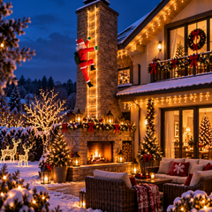 Père Noël lumineux grimpant sur une échelle LED près d’une cheminée extérieure entourée de décorations de Noël dans un jardin enneigé.