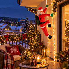 Père Noël lumineux de 240 cm grimpant sur son échelle éclairée installée sur un balcon décoré pour les fêtes de Noël.