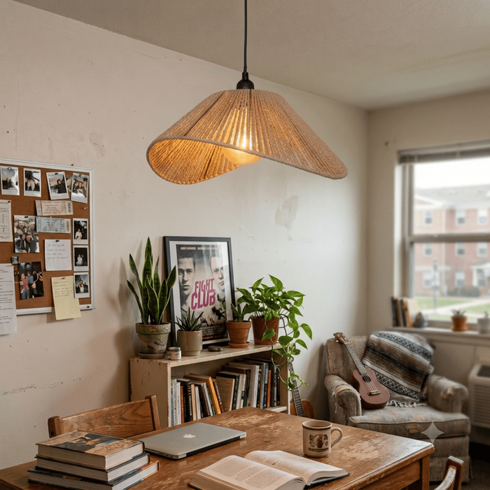 Suspension luminaire en rotin beige, design naturel, pour salon ou chalet, avec câble noir, ambiance chaleureuse, SKU: 10